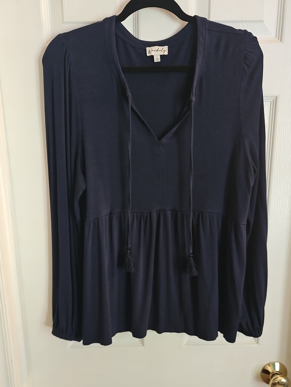 Wonderly Dark Navy Peplum Tie-Neck Long Sleeve Tunic Babydoll Top Lg